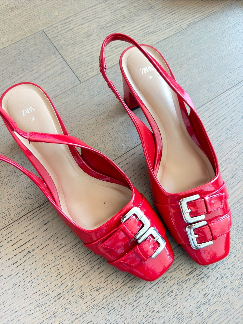Zara Red Patent Slingback Heels with Double Buckles